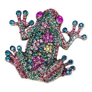 Large Colorful Rhinestone Frog Toad Brooch Pin Animal Leaping Glam Bold Fun Chic